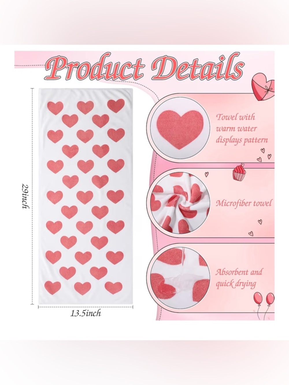 Pink Heart Pattern White microfiber Towel set of 2